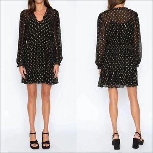 Anthro Caballero Christie Dress Size Large Gold Dot Black Sheer Wedding Guest